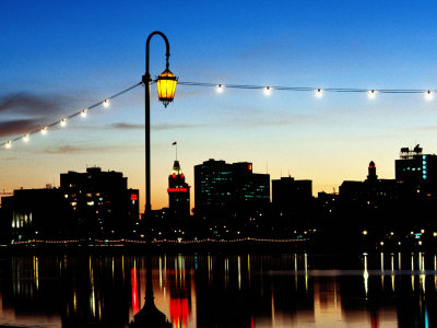 Lake Merritt with Lights at Sunset with City in Background, Oakland, California