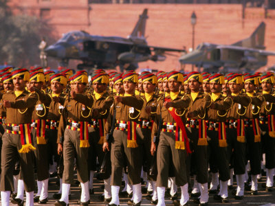 Soldiers Marching on Parade with Fighter Planes in Background, Delhi, India