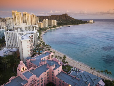 Waikiki Beach with Royal Hawaiian Hotel and Diamond Head at Sunset, Oahu, Hawaii