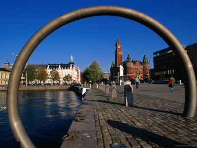 Kungstorget Square, and the Unusual Fountain Framing Skane Town Hall, Helsingborg, Skane, Sweden