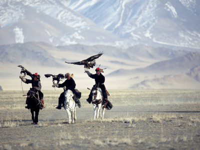 Eagle Hunters Dalai Khan, Takhuu Grandfather, Son Kook Kook, Golden Eagle Festival, Mongolia