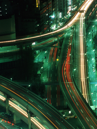 Nighttime Aerial View of Freeways and Traffic Motion, Tokyo, Japan