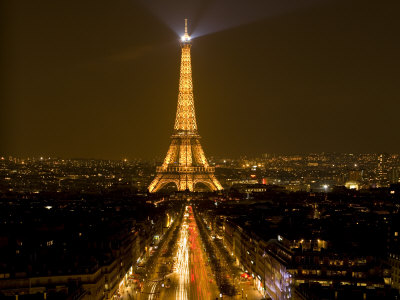 Digital Composite of Eiffel Tower and Champs-Elysees at Nighttime, Paris, France