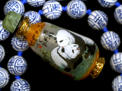 Hand Painted Panda Snuff Bottle, Chinese Bead Necklace, China
