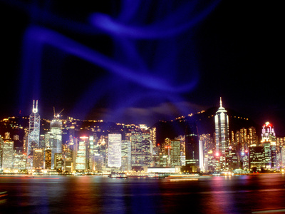 Skyline at Night Reflected in Victoria Harbour, Kowloon, Hong Kong