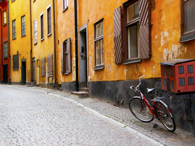 Street Scene in Gamla Stan Section with Bicycle and Mailbox, Stockholm, Sweden