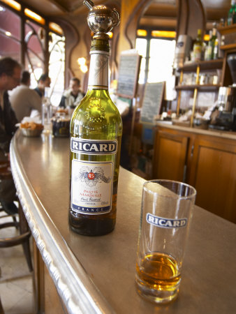 Bottle of Ricard 45 Pastis and Glass on Zinc Bar, Paris, France