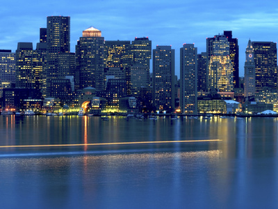Boat Leaves Light Trail on Boston Harbor at Sunset, Boston, Massachusetts, USA