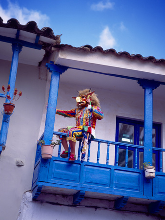 Man on Balcony Rail During Village Festival, Chinceros, Peru