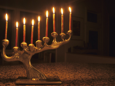 Menorah with Candles, Lit for Chanukah, Bellevue, Washington, USA