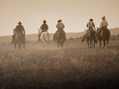 Sepia Effect of Cowboys Riding, Seneca, Oregon, USA