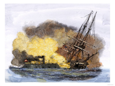 Merrimac, a Confederate Ironclad Ship, Rams the USS Cumberland during the American Civil War