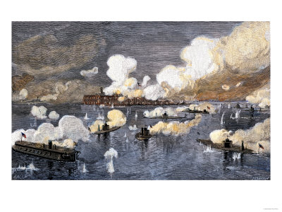 Historical reprint of the Union Fleet bombarding Fort Sumter c. 1863.