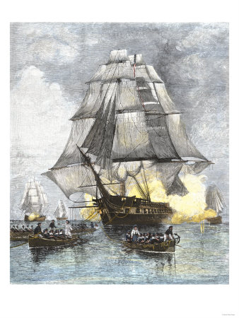 USS Constitution Being Towed in Rowboats Away from the Becalmed British Navy, War of 1812