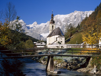 Wooden Bridge in Front of the Church at Ramsau in the Mountains of Bavaria, Germany