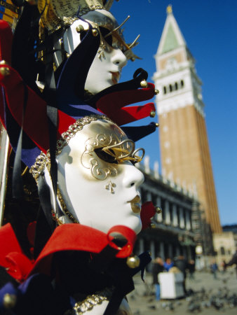 Carnival Masks on Souvenir Stand and Campanile, St. Marks Square, Venice, Veneto, Italy