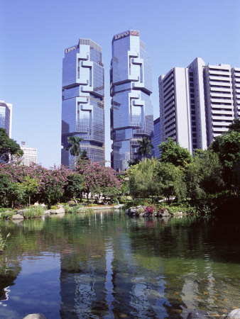 The Lippo Towers from Hong Kong Park, Central, Hong Kong Island, Hong Kong, China, Asia
