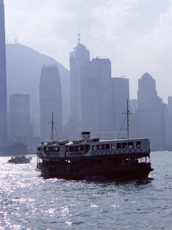 Star Ferry, Victoria Harbour, with Hong Kong Island Skyline in Mist Beyond, Hong Kong, China, Asia