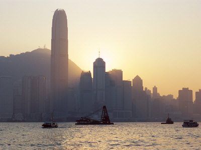 Two Ifc Building and Hong Kong Island Skyline Across Victoria Harbour at Dusk, Hong Kong, China