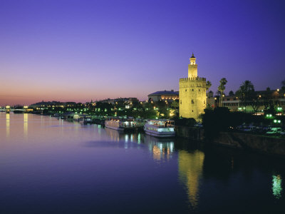 Torre Del Oro and Rio Guadelquivir in the Evening, Seville (Sevilla), Andalucia (Andalusia), Spain