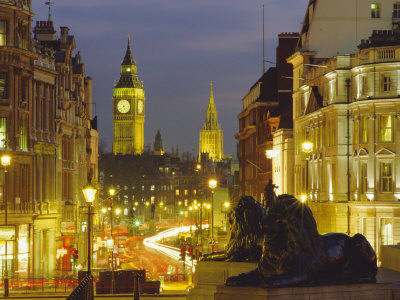 Evening View from Trafalgar Square Down Whitehall with Big Ben in the Background, London, England