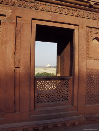 Agra Fort Carved Sandstone Window, Framing the Distant Taj Mahal, India
