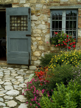 Buy Flowers Line the Path and Adorn a Window of a Tuscan Villa, Tuscany, Italy at AllPosters.com