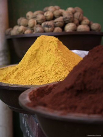 Buy Red and Yellow Spices and Walnuts in Bowls at a Market, Qinghai, China at AllPosters.com