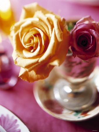 Yellow and Red Rose in a Glass as Table Decoration