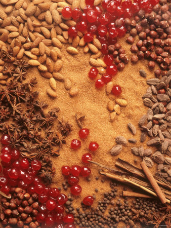Spices, Nuts, Almonds and Cherries Forming a Surface