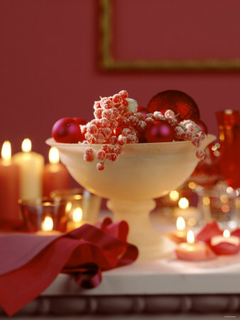 Glass Bowl of Berries & Xmas Baubles as Table Decoration