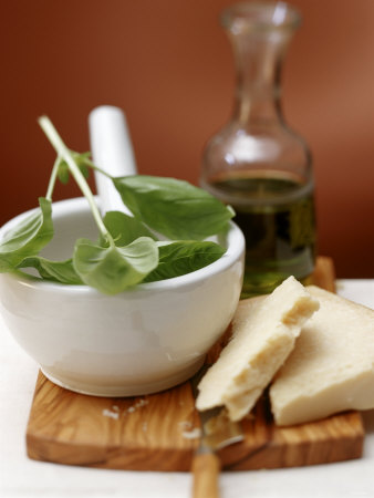 Still Life with Basil in Mortar, Parmesan and Olive Oil
