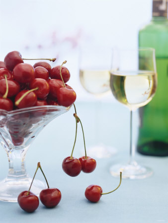 Bowl of Cherries and Two Glasses of White Wine Photographic Print