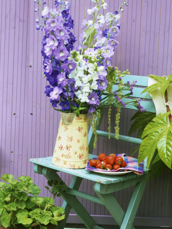 Garden Chair with Delphiniums and Plate of Strawberries