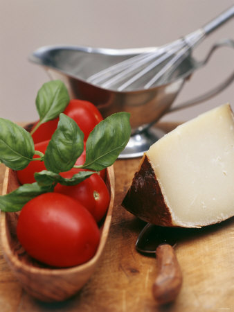 Fresh Tomatoes, Basil and Piece of Cheese, Sauce-Boat