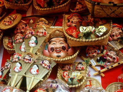 Symbols of Gods of Fortune (Ebisu, Daikoku and Okame) Osaka, Japan
