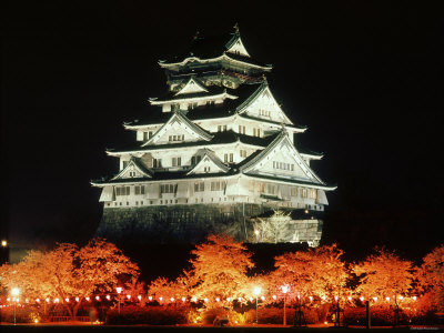 Night View of Osaka Castle with Cherry Blossoms, Japan