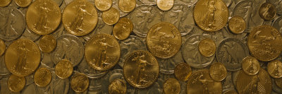 Close-Up of Assorted Gold and Silver Coins, Sacramento, California, USA