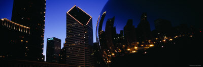 Reflections of Lit Up Buildings in a Sculpture, Cloud Gate, Millennium Park, Chicago, Illinois, USA
