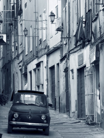 Fiat Driving in Narrow Street, Sassari, Sardinia, Italy