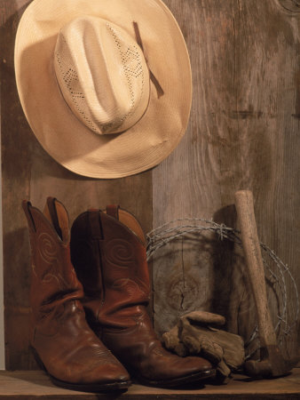 Cowboy Hat and Boots, Barbed Wire and Hammer