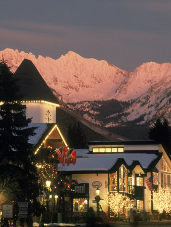 Sunset on Vail Village Clock Tower and Stores, CO