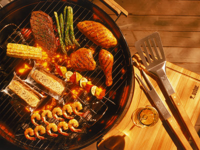 Vegetables, Fish, Poultry, and Red Meat on a Grill