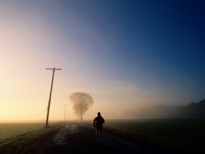 Buy A Lone Jogger Runs Down a Rural Road in Early Morning Fog at AllPosters.com