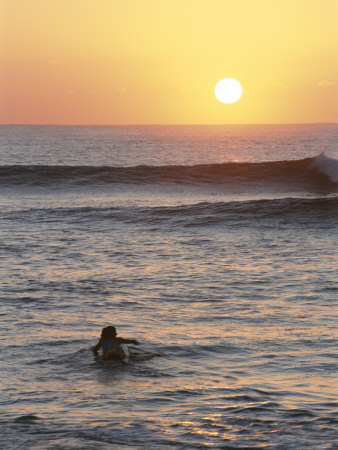 Buy A Woman Paddles out to Sea for Sunset Surfing at AllPosters.com