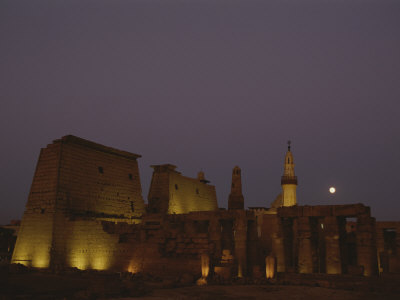 Moonrise over the Luxor Temple Complex and a Modern Minaret