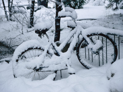 A Snow-Covered Bike Retired for the Winter