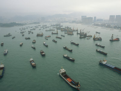 Buy Container Ships in Hong Kong Harbor Waiting for Cargo to Be Loaded at AllPosters.com