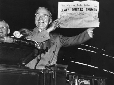 Harry Truman Jubilantly Displaying Erroneous Chicago Daily Tribune Headline "Dewey Defeats Truman"