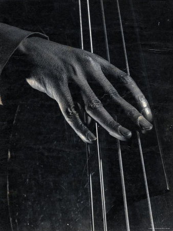 Hand of Bass Player on the Strings During Jam Session at Photographer Gjon Mili